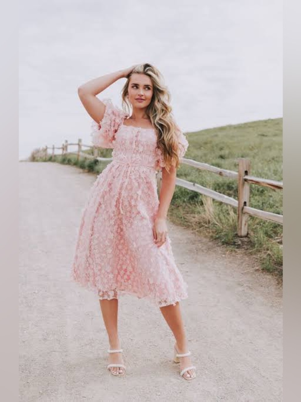 ONE LOVED BABE Wonderstruck Dress Pink 3D Floral Lace Puff Sleeve Midi Large